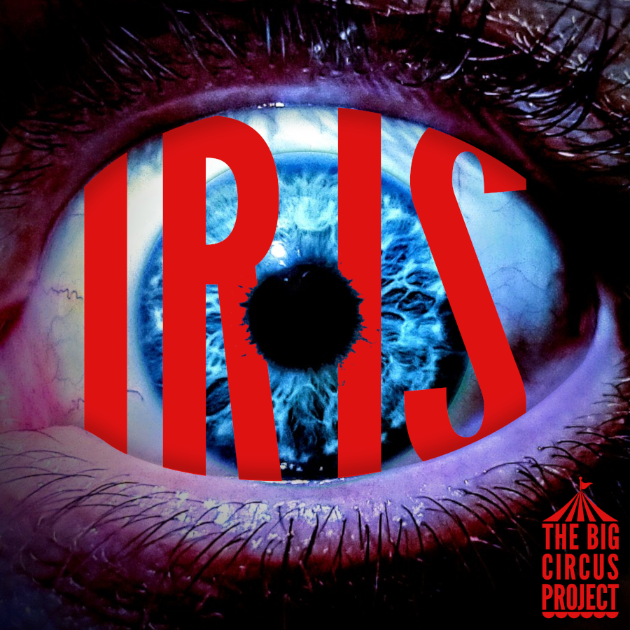 a human eye with a blue iris showing the word Iris and the The Big Circus Project logo, which is these words with on top a circus marquee