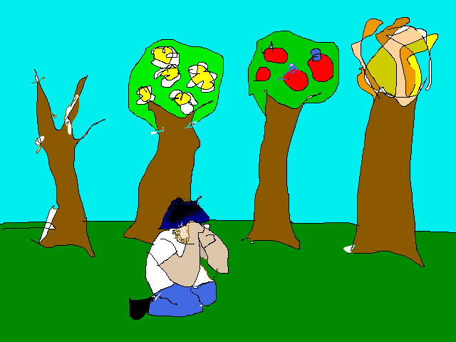 A man on its knees hiding his face in his hands with behind four trees, one in winter, one in spring, one in summer, one in autumn